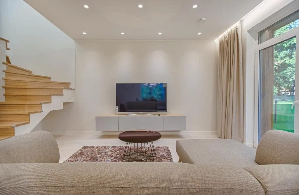 Smart TV in modern living room — wifi radiation transformed by Penta Power Multi Tag