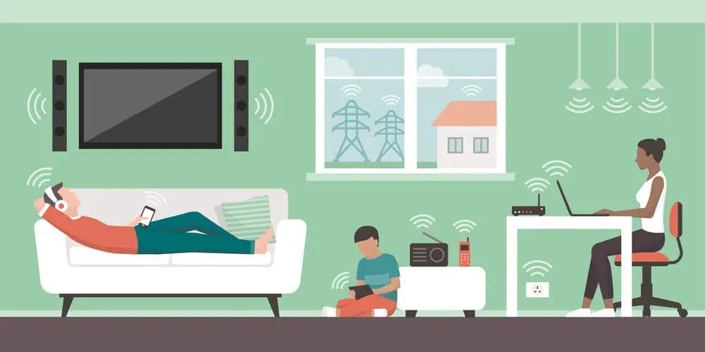 Illustration appareils sans fil dans la maison wifi casque Bluetooth tablette haute tension électricité ordinateur portable smartphone