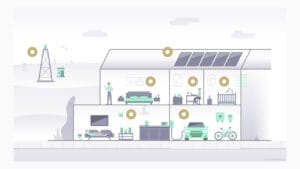 Stralingsbronnen in huis: dwarsdoorsnede met wifi, zonnepanelen, EV-lader en Penta Power Tags op strategische posities