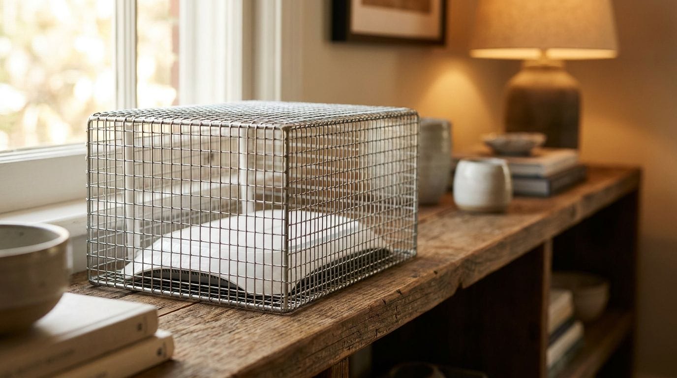Metalen gaas rond een wifi-router — een Kooi van Faraday blokkeert het EM-veld maar niet de scalaire component van straling