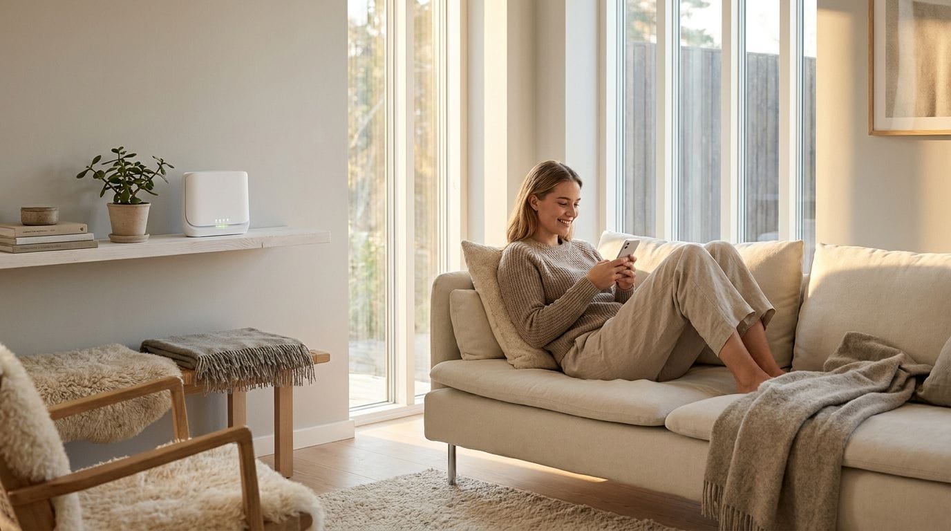 Vrouw ontspant thuis met smartphone en wifi-router — straling transformeren met Penta Power