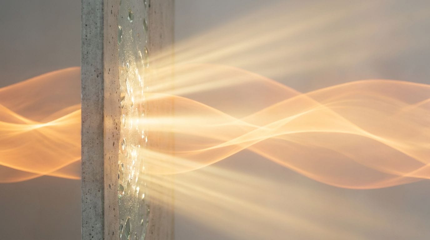 Abstracte visualisatie van gouden energiegolven die door een wand dringen — de scalaire component van straling sijpelt door elke afscherming