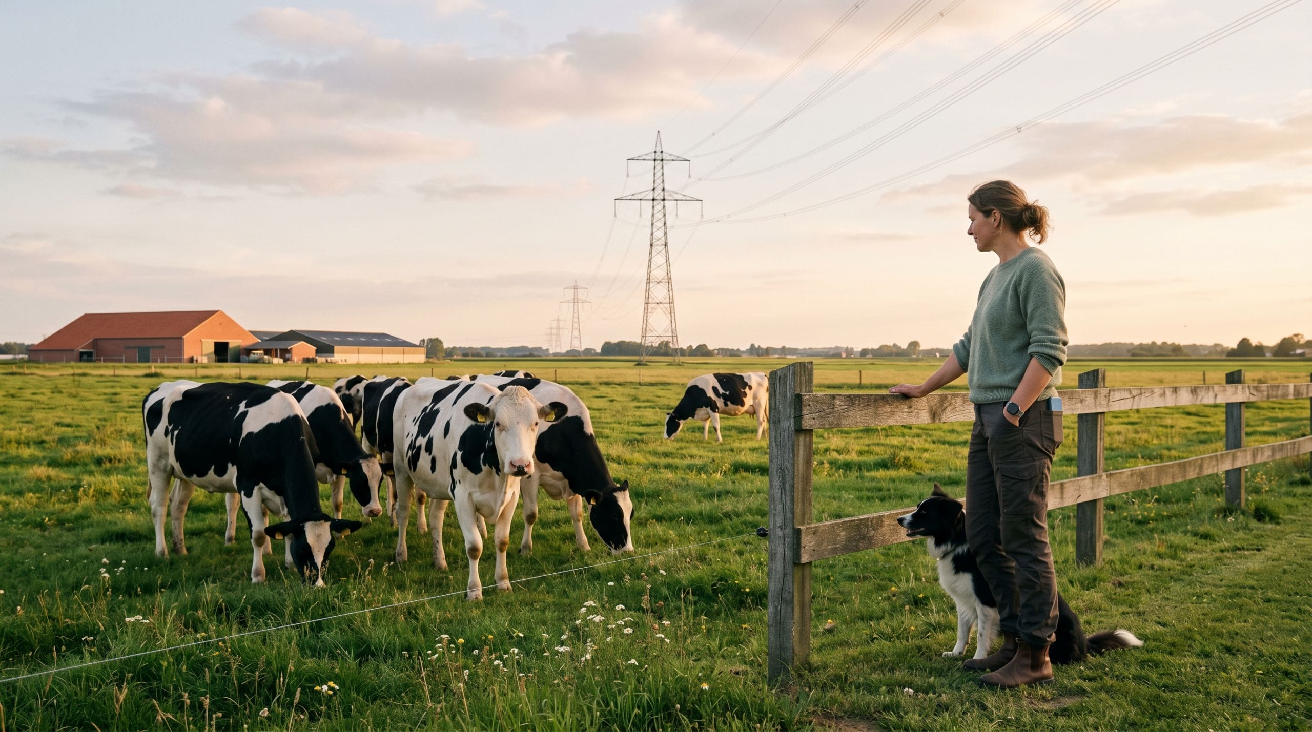 Boerin met melkkoeien nabij Ventilus hoogspanning 380 kV-lijn in West-Vlaanderen