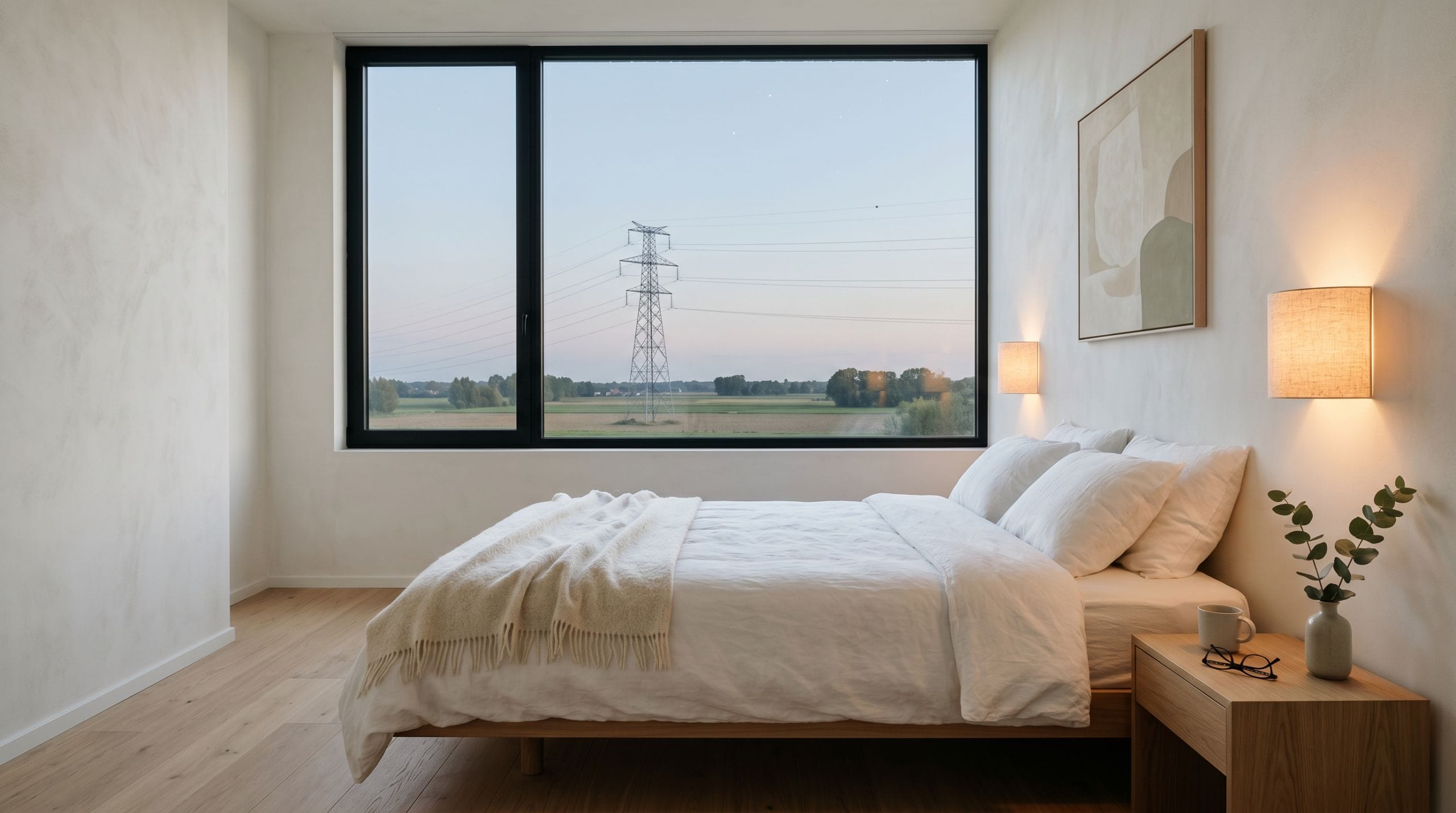 Slaapkamer met zicht op Ventilus hoogspanning — melatonine en nachtelijk herstel bij ELF-belasting