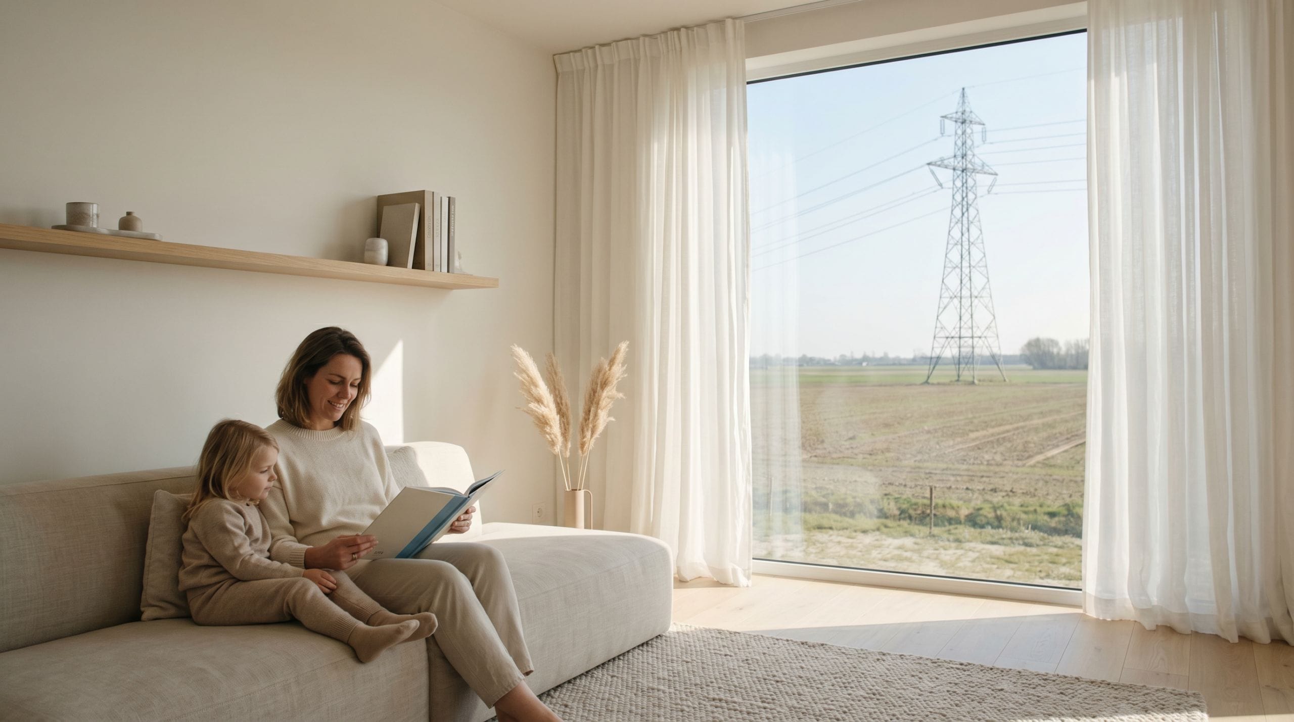 Moeder en dochter in moderne woonkamer met Ventilus hoogspanning zichtbaar door het raam